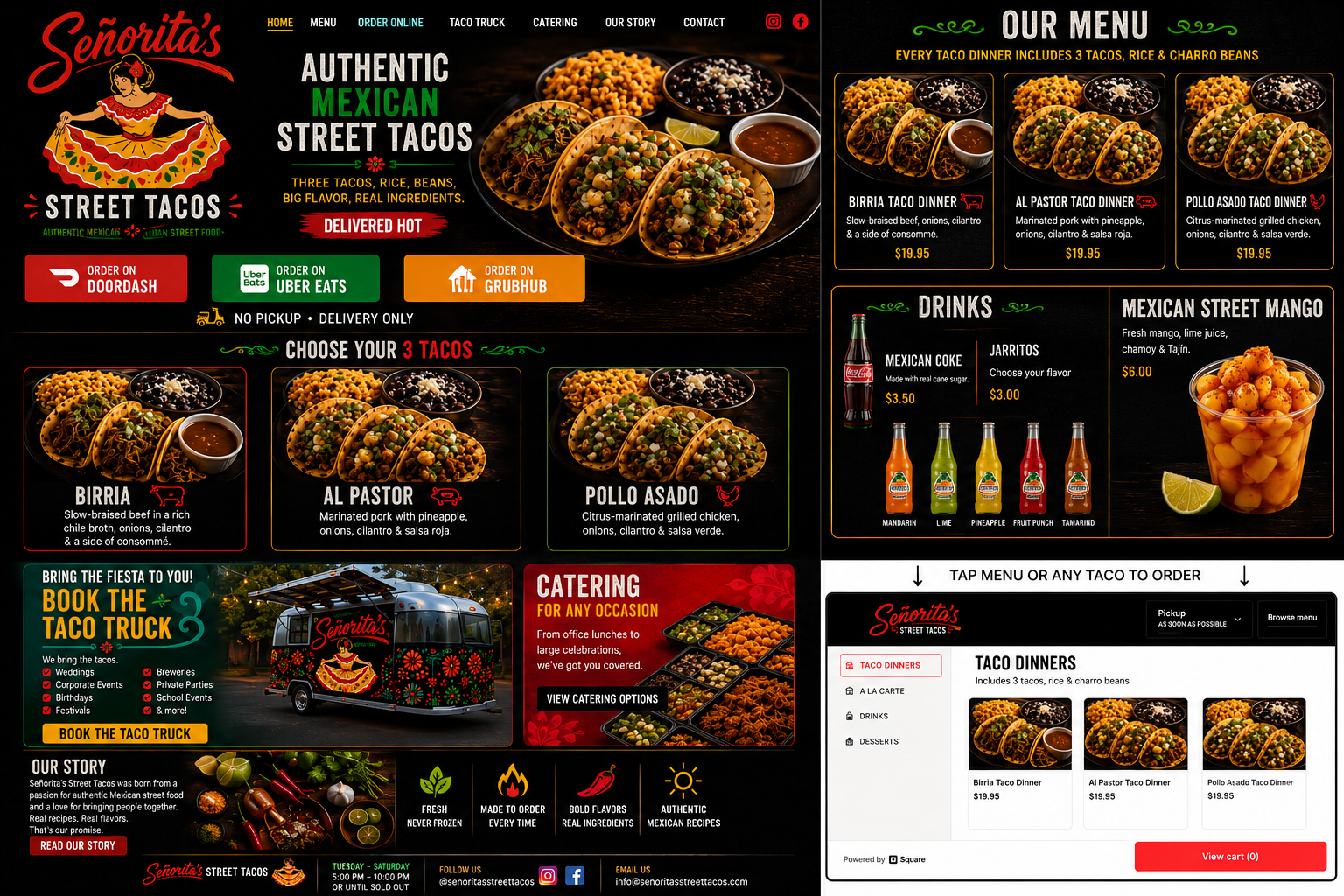 Señorita’s Street Tacos homepage showing taco dinners, delivery services, drinks, Mexican street mango, taco-truck catering and Square ordering.